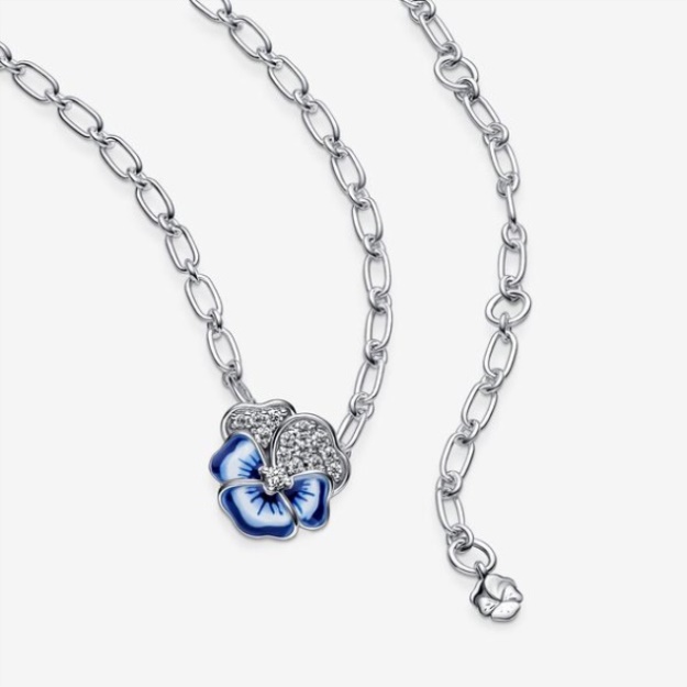 Blue Pansy Flower Pendant Necklace Pandora