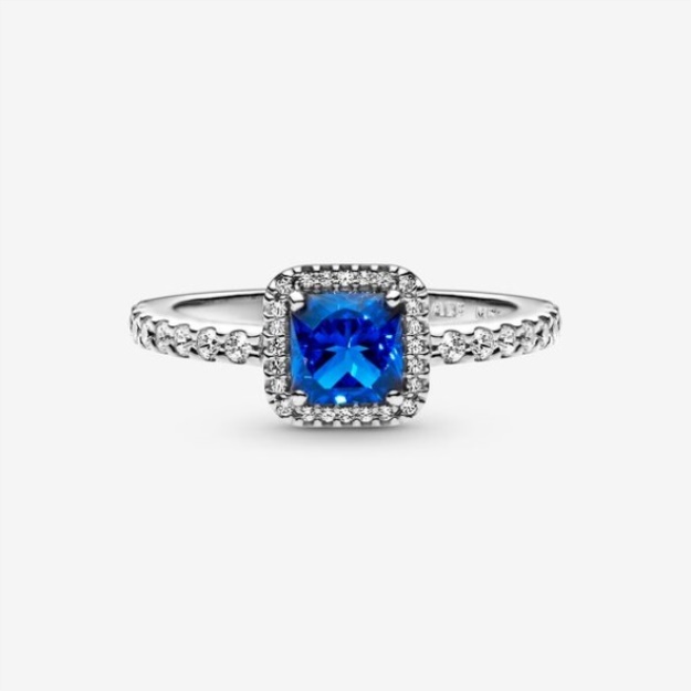 Blue Square Sparkle Halo Ring Pandora