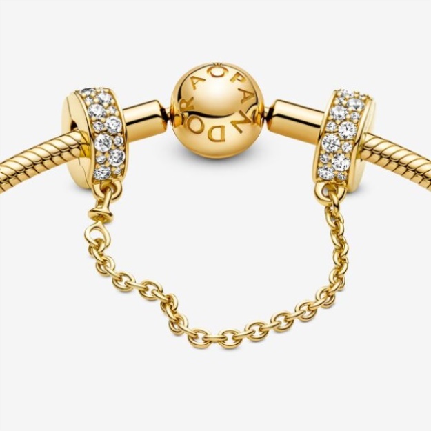 Clear Pave Safety Chain Clip Charm Pandora Gold Plated