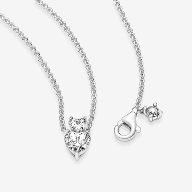 Double Heart Pendant Sparkling Collier Necklace Pandora