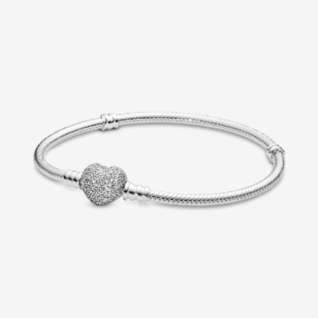 Moments Pandora Brand Sparkling Heart Pave Clasp Snake Chain Bracelet