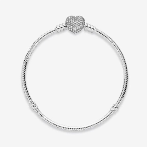 Moments Pandora Brand Sparkling Heart Pave Clasp Snake Chain Bracelet