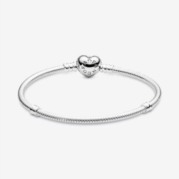 Moments Pandora Brand Sparkling Heart Pave Clasp Snake Chain Bracelet