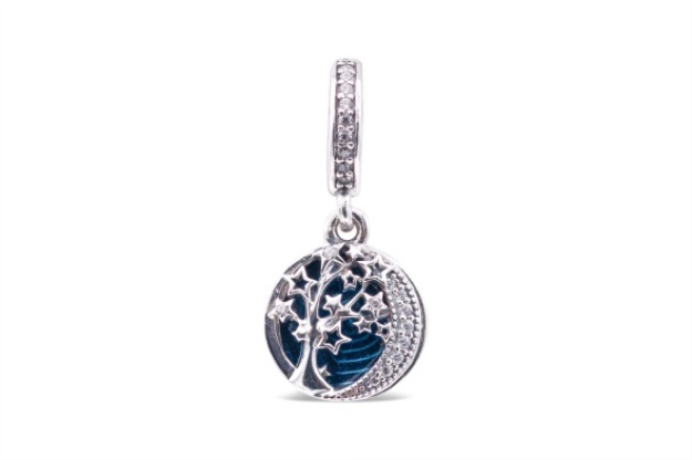Pandora Sterling Silver and Blue Double Dangle Tree Galaxy Moon Charm
