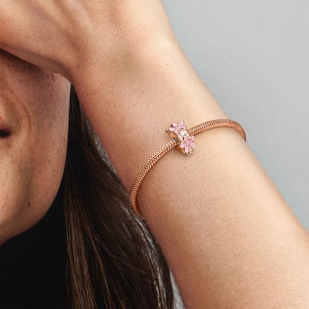 Pink Daisy Spacer Clip Charm Pandora Rose Gold Plated