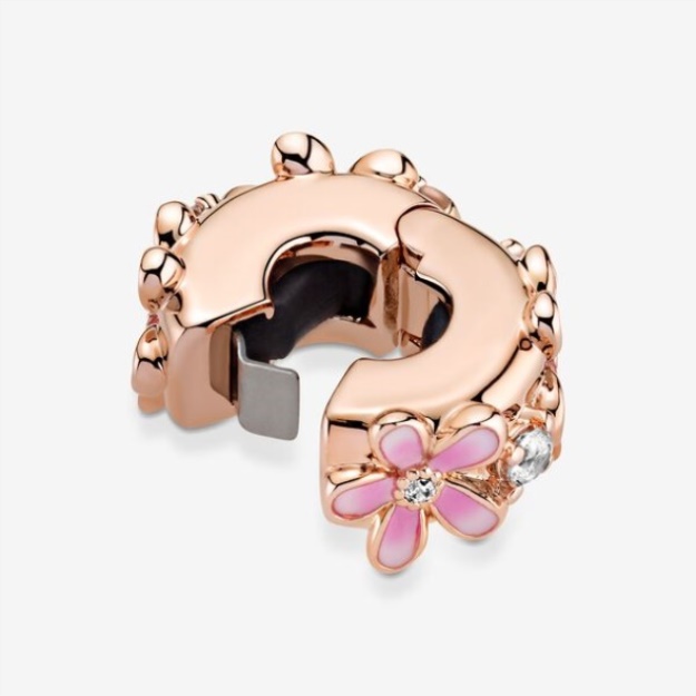 Pink Daisy Spacer Clip Charm Pandora Rose Gold Plated