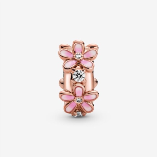 Pink Daisy Spacer Clip Charm Pandora Rose Gold Plated