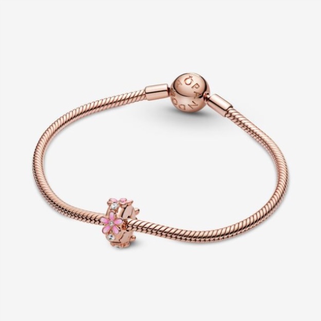 Pink Daisy Spacer Clip Charm Pandora Rose Gold Plated