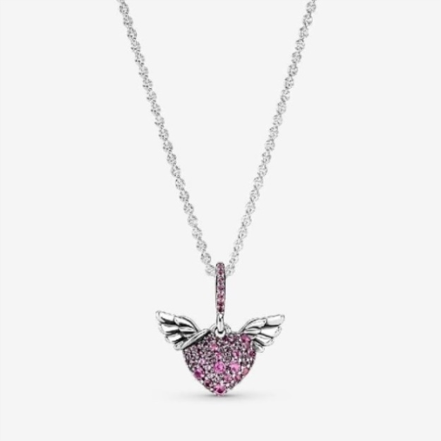 Pink Pave Heart  Angel Wings Necklace Pandora