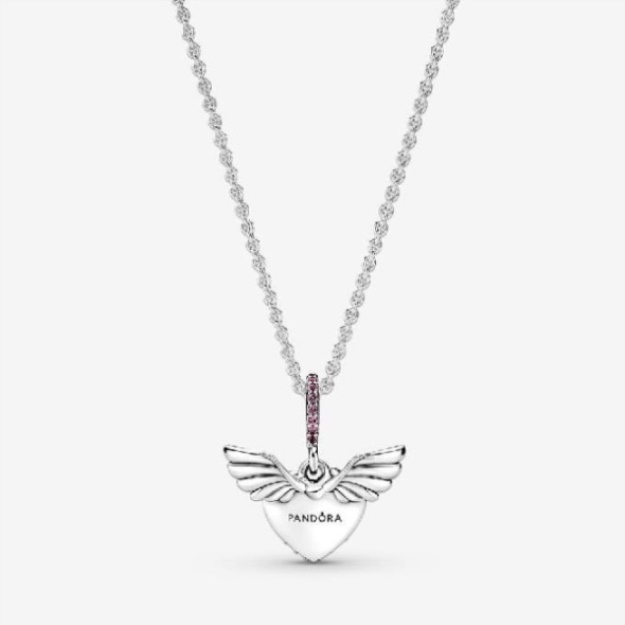 Pink Pave Heart  Angel Wings Necklace Pandora