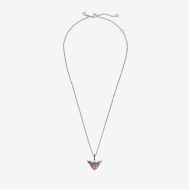 Pink Pave Heart  Angel Wings Necklace Pandora