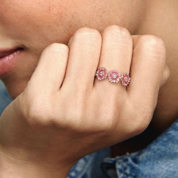 Rose Pink Daisy Flower Trio Ring Brand Pandora