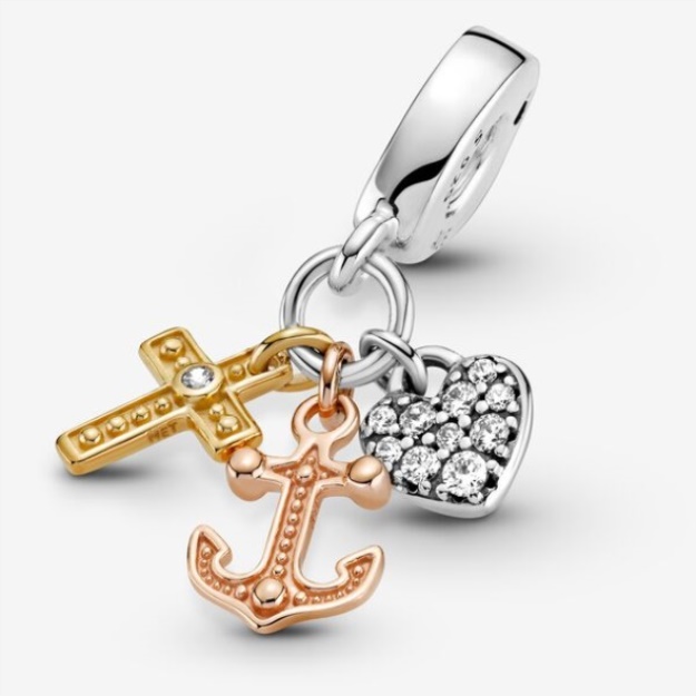 Triple-Tone Cross Heart Anchor Dangle Charm Pandora