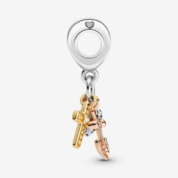 Triple-Tone Cross Heart Anchor Dangle Charm Pandora