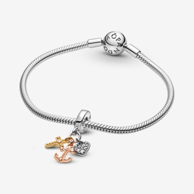 Triple-Tone Cross Heart Anchor Dangle Charm Pandora