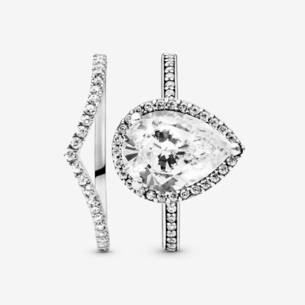 Teardrop Halo And Wishbone Stacking Ring Set Pandora