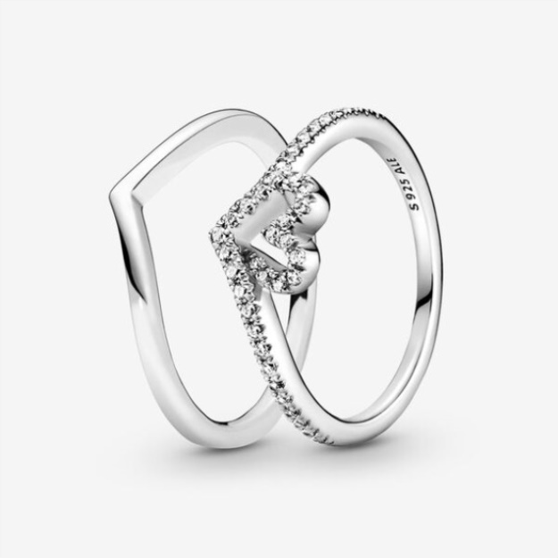 Sparkling Wishbone Heart Ring Set Pandora