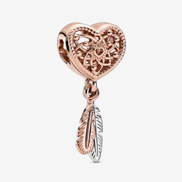 Openwork Heart Two Feathers Dreamcatcher Charm Pandora