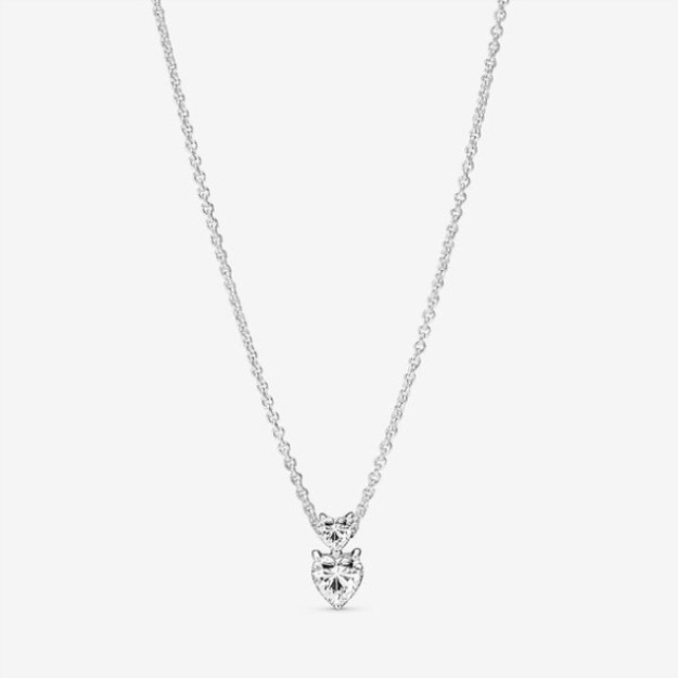 Double Heart Pendant Sparkling Collier Necklace Pandora