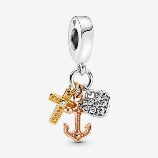 Triple-Tone Cross Heart Anchor Dangle Charm Pandora