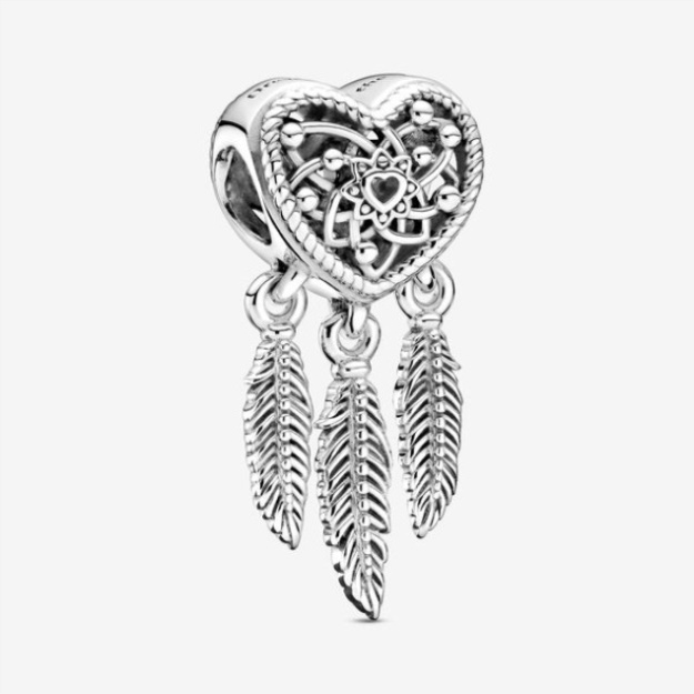 Openwork Heart Three Feathers Dreamcatcher Charm Pandora
