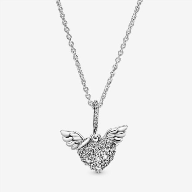 Pave Heart And Angel Wings Necklace Pandora