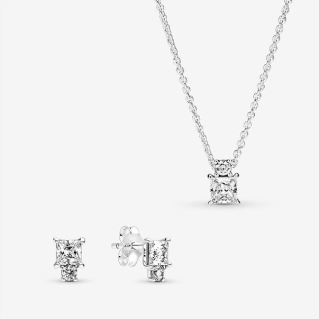 Sparkling Round Square Necklace And Earring Set Pandora
